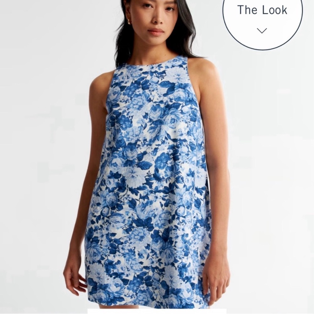 Abercrombie & Fitch (L)blue white floral High neck linen blend pocket mini dress